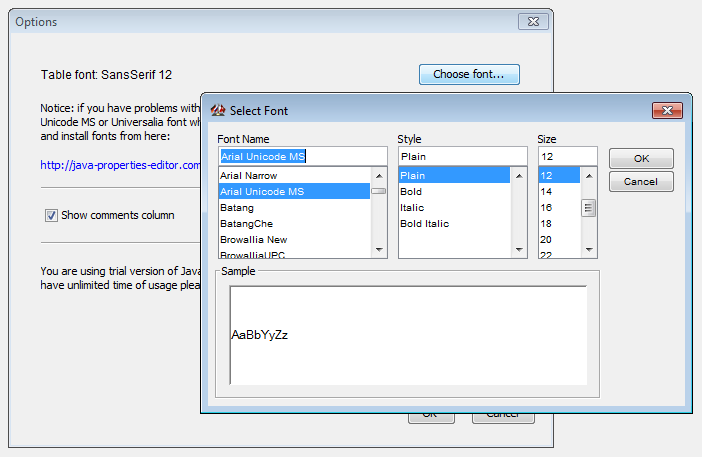 Choosing font in Java Properties Editor